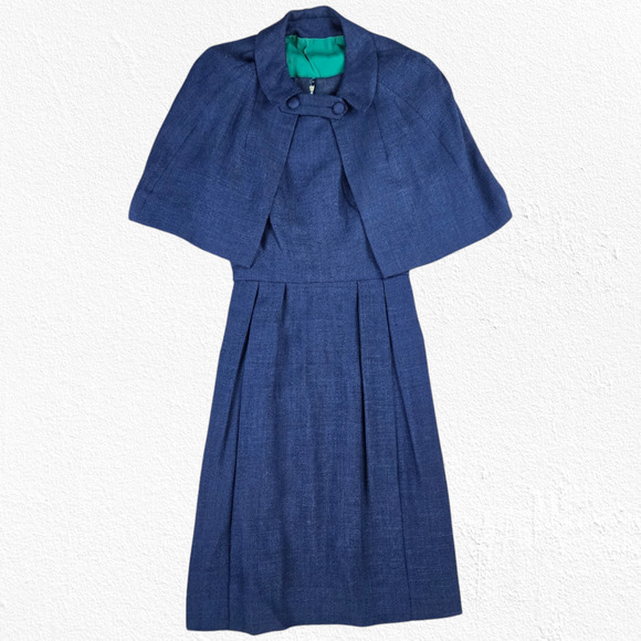 1950s Vintage Adele Simpson Navy Tweed Cape Dress – Union Made Size 6 USA - Picture 1 of 15